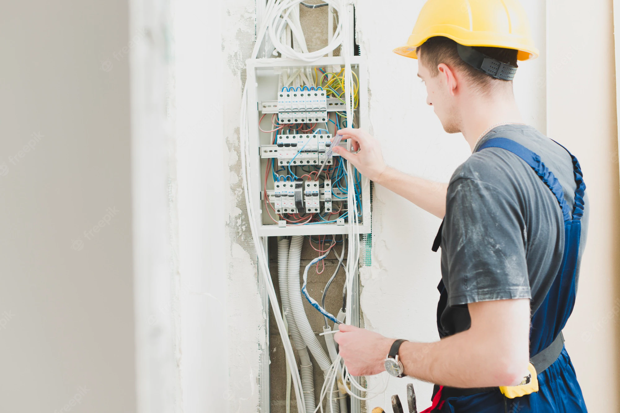 electrician working with switchboard  